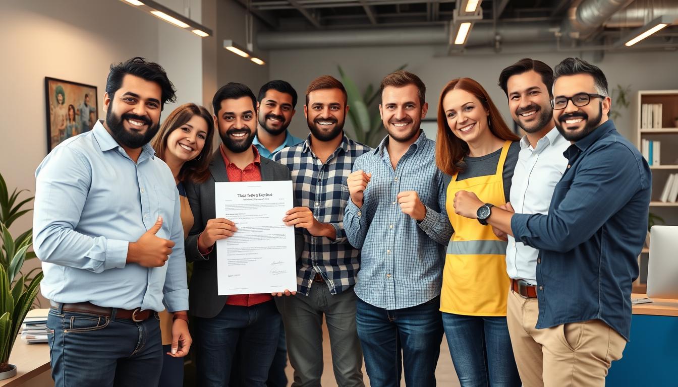 Trabajadores españoles celebrando un nuevo contrato de empleo en la oficina
