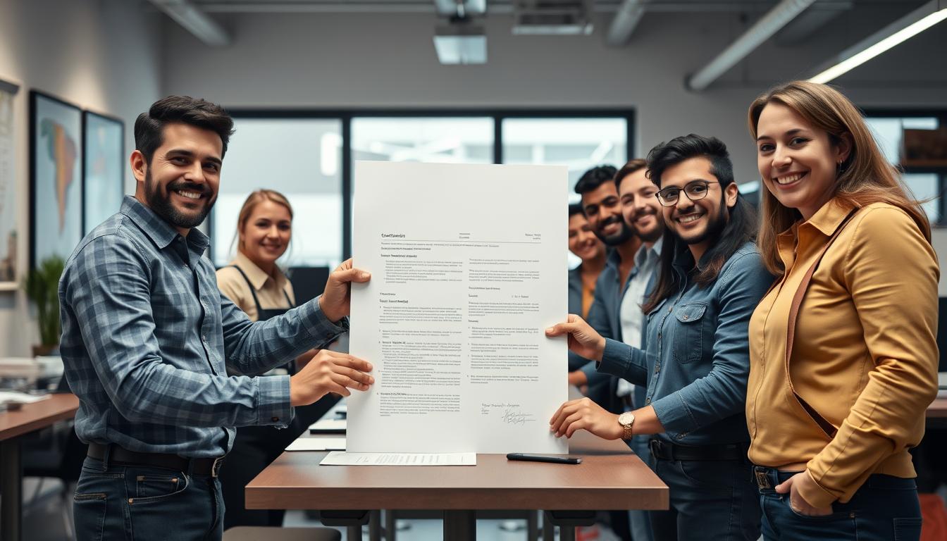 Trabajadores celebrando nuevo contrato de empleo en España