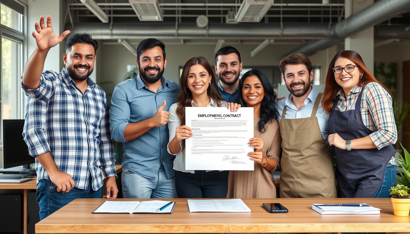 Trabajadores españoles celebrando nuevo contrato de empleo en oficina