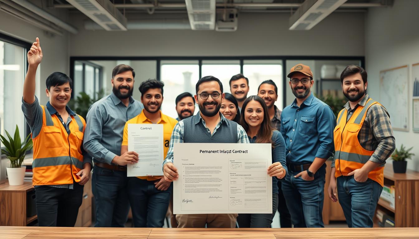 trabajadores celebrando nuevo contrato indefinido en España