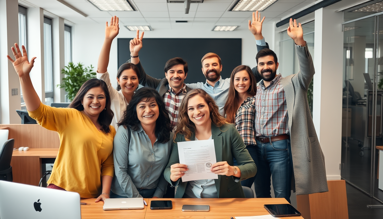 Trabajadores españoles celebrando nuevo contrato de empleo en oficina