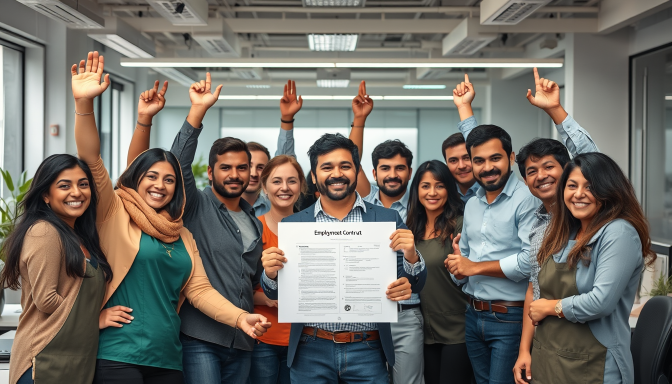 Trabajadores celebrando nuevo contrato de empleo en España
