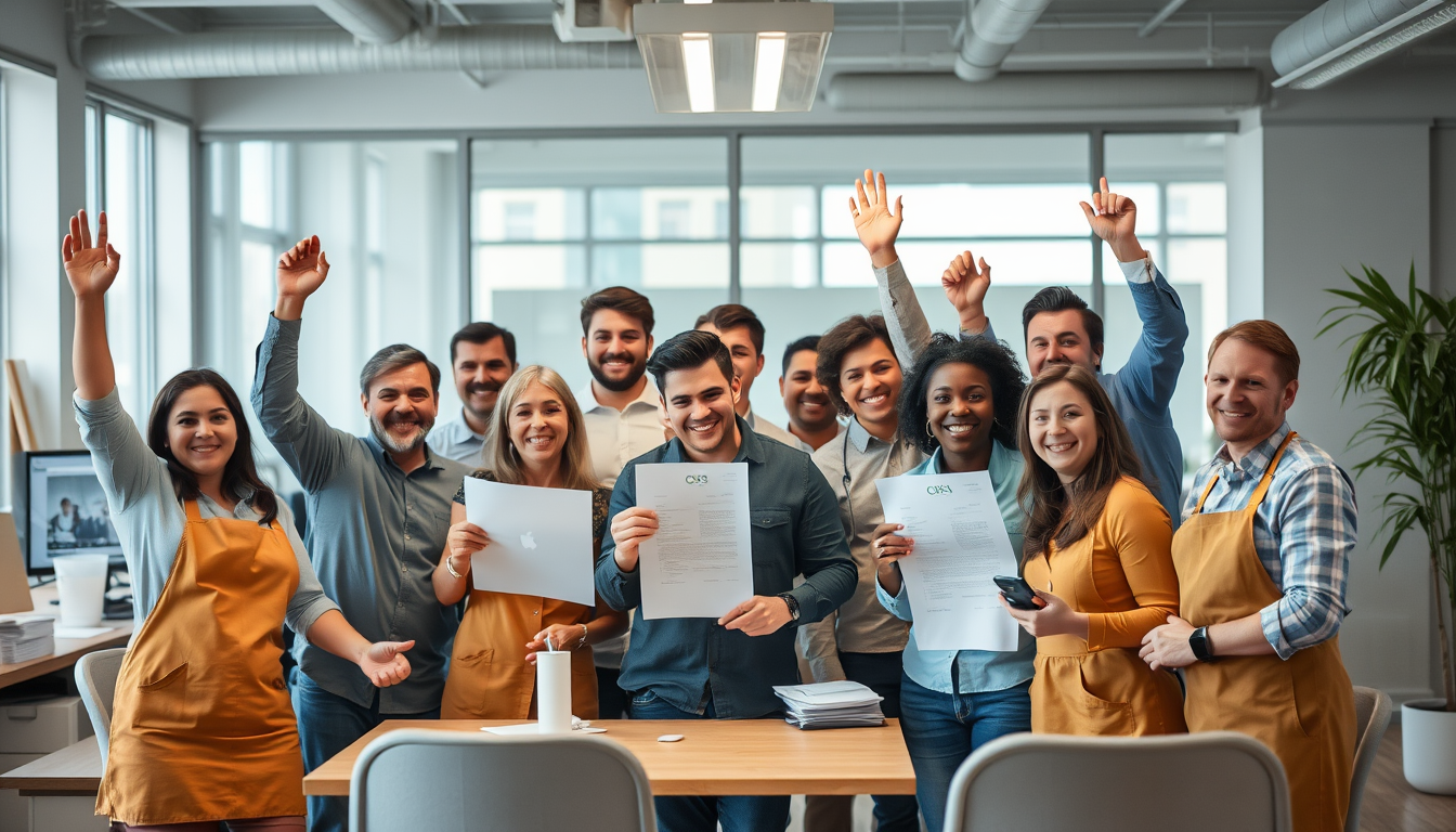 Trabajadores españoles celebrando un nuevo contrato de empleo en la oficina