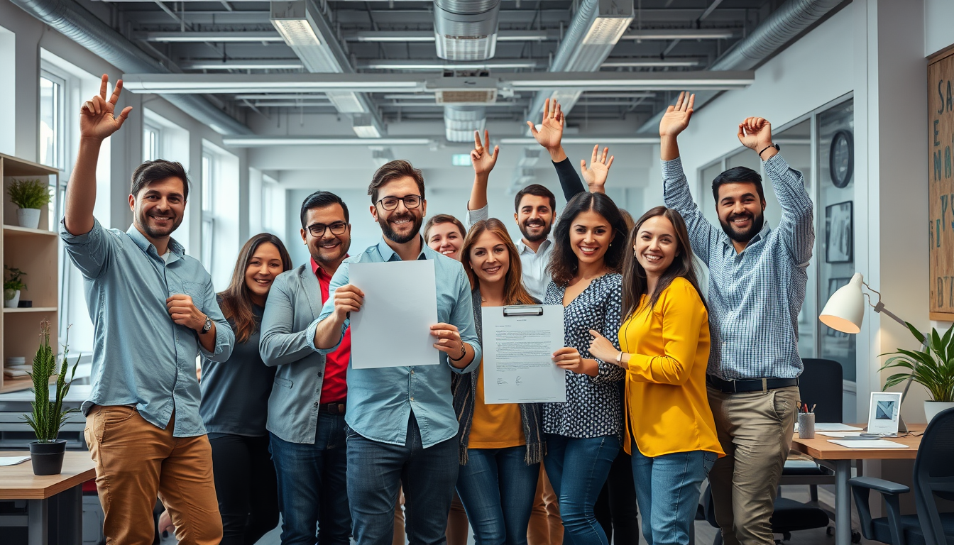 Trabajadores españoles celebrando nuevo contrato laboral en oficina