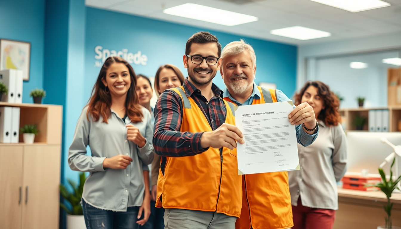 trabajadores espanoles celebrando nuevo contrato de empleo