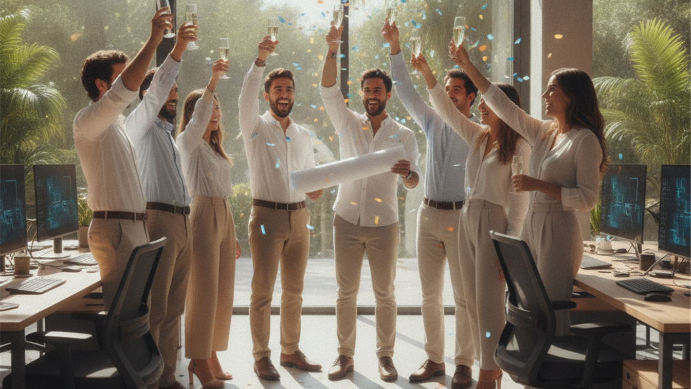 jovenes profesionales celebrando nuevo contrato de trabajo en oficina espana