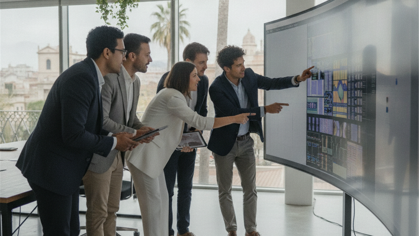 equipo de ingenieros revisando un diseño de chip en una oficina tecnológica española