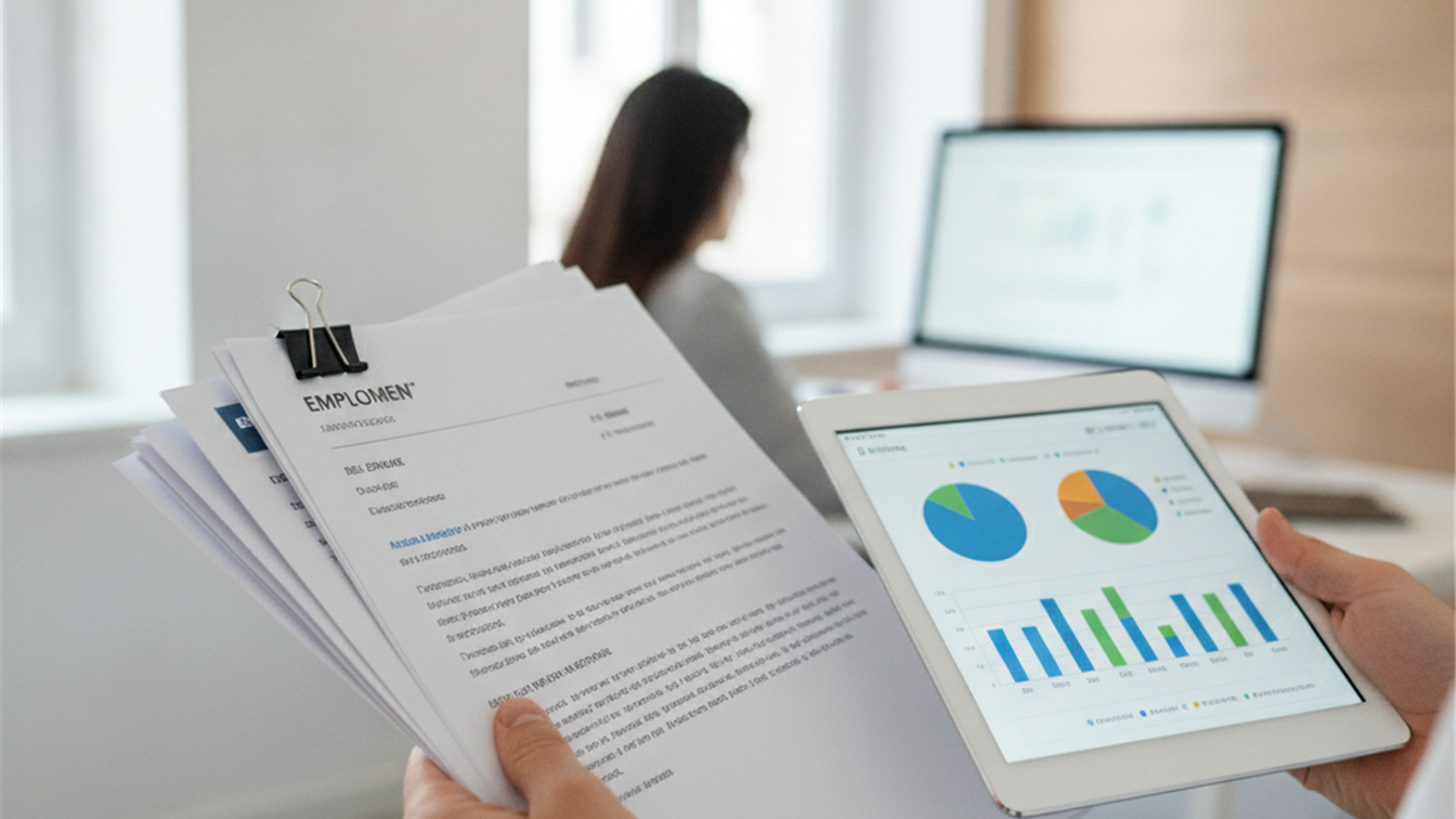 persona sosteniendo documentos de empleo junto a una pantalla con estadisticas laborales