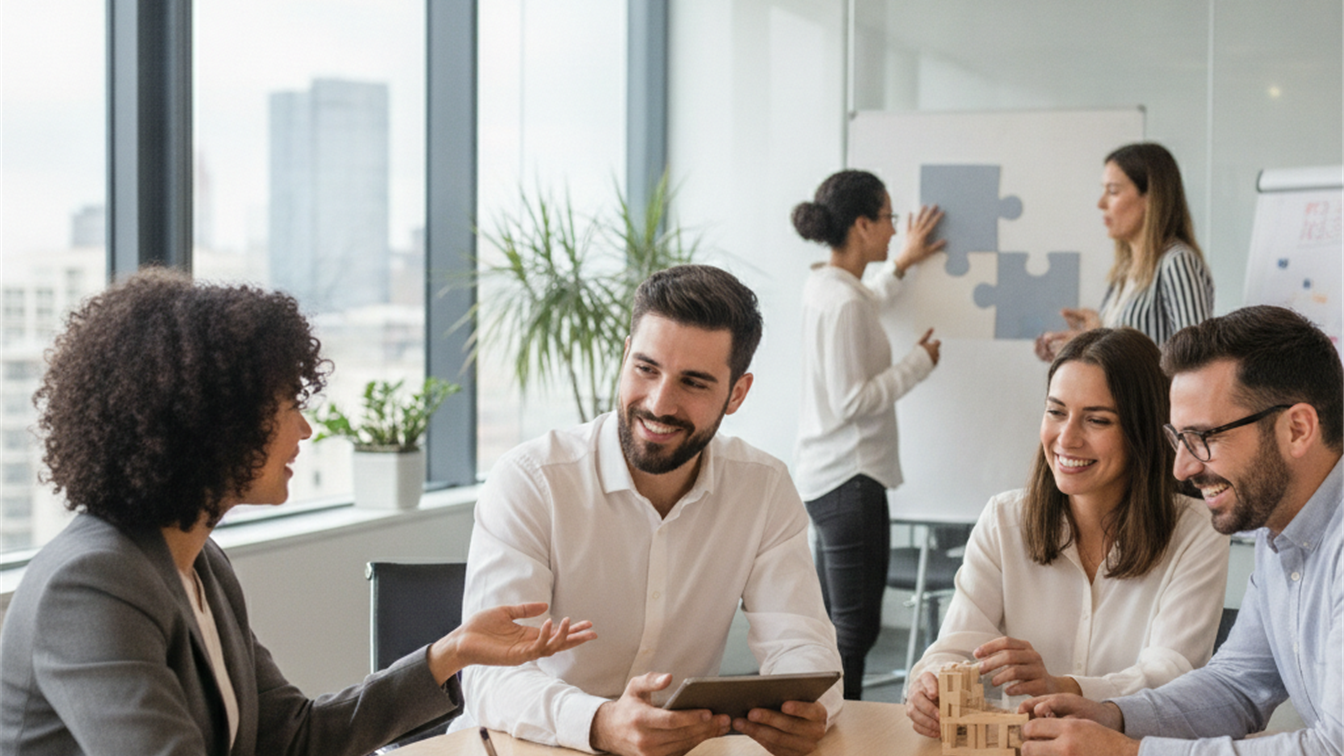 Equipo de profesionales en entrevista de trabajo en oficina española