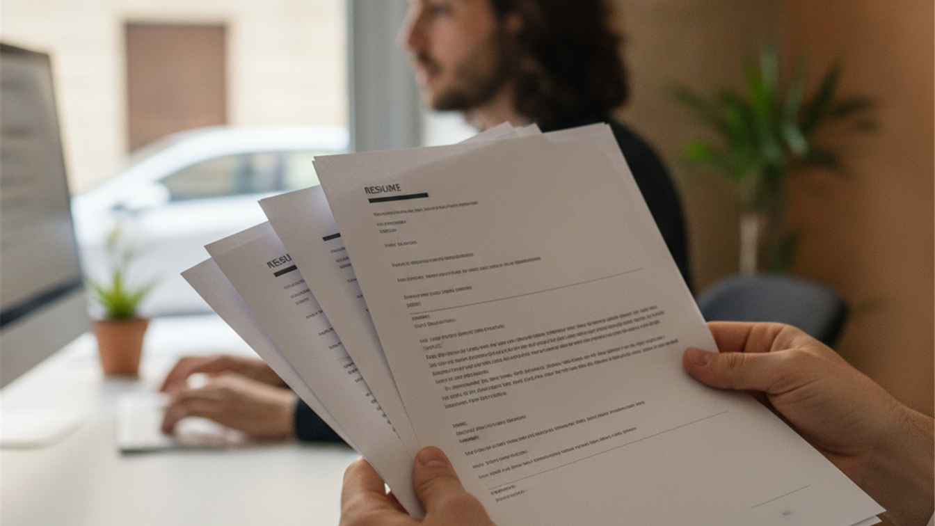 Persona revisando documentos de empleo con ordenador de fondo