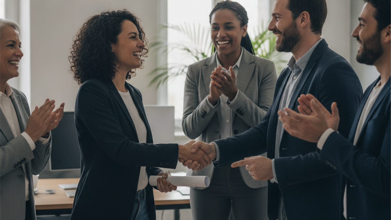 Trabajadores españoles celebrando nuevo contrato de empleo en oficina