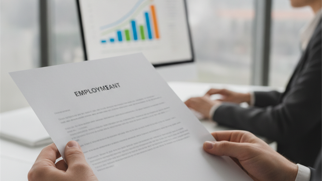 Documentos de contrato laboral y pantalla con datos de empleo