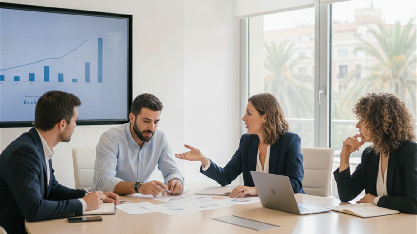 Profesionales espanoles en reunion de equipo analizando datos del mercado laboral