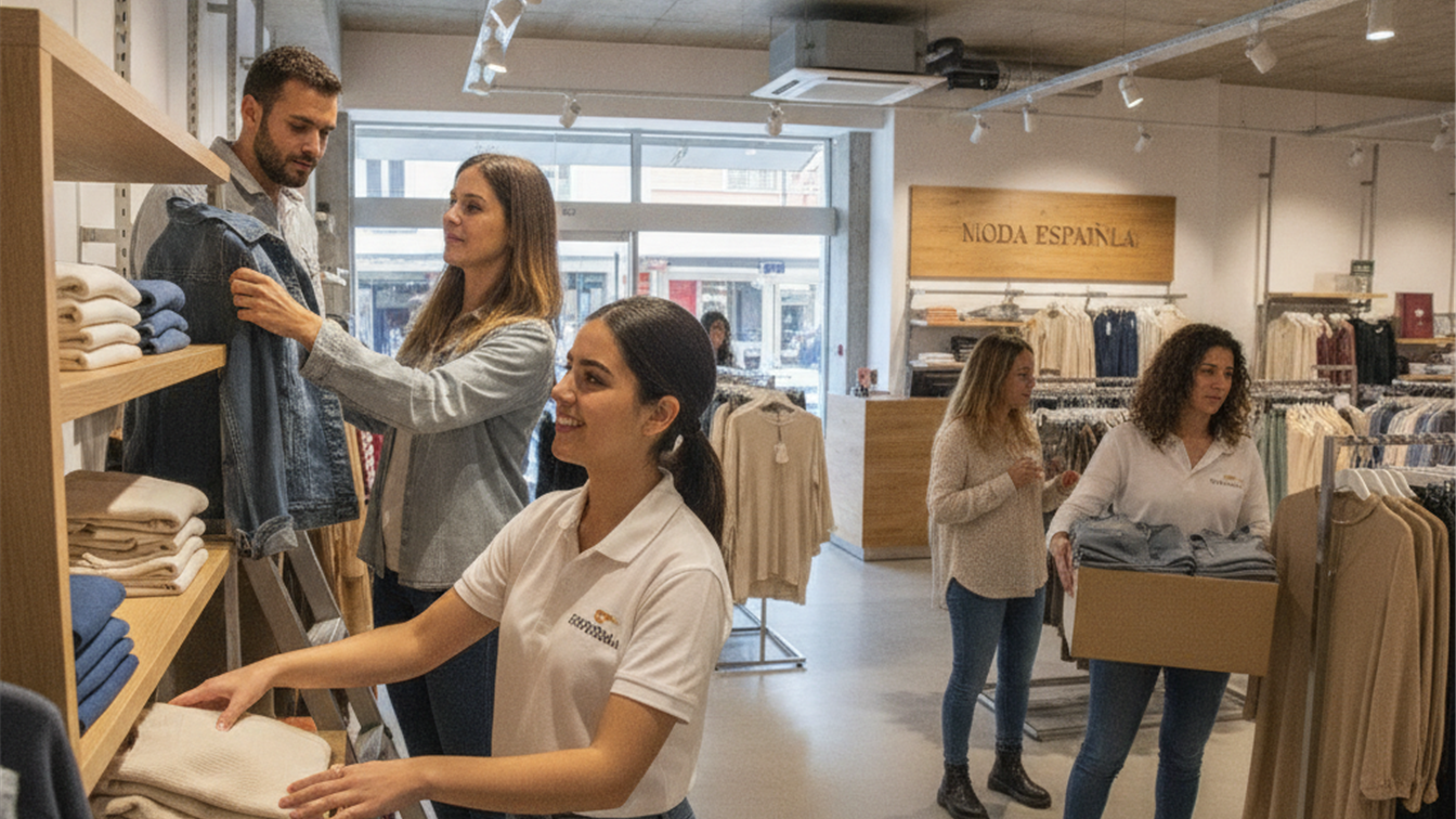 trabajadores en tienda espanola reponiendo estanterias