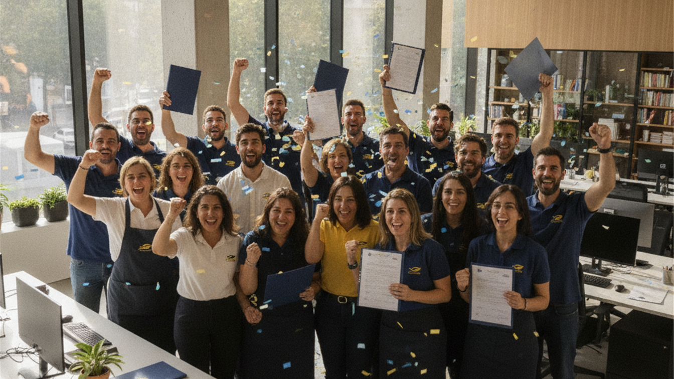 Trabajadores en oficina española celebrando nuevo contrato laboral
