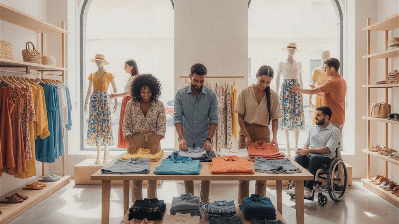 equipo de trabajo en tienda espanola preparando campana de verano