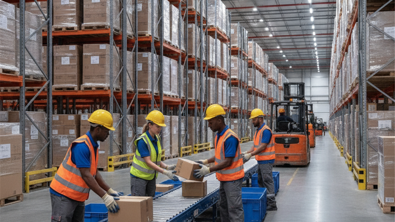 trabajadores en centro logistico espanol organizando paquetes