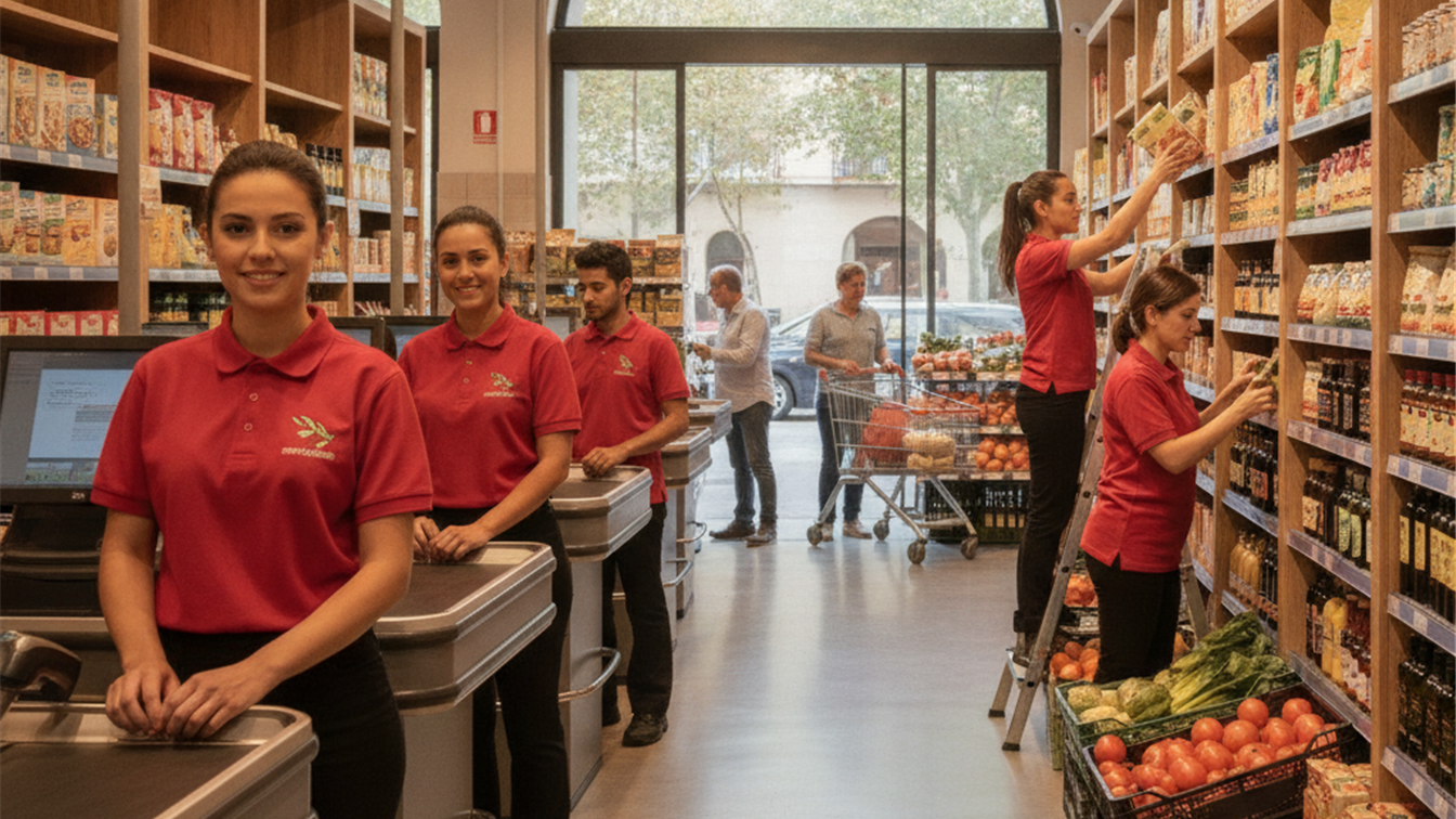 Trabajadores en supermercado durante la campaña de verano en España