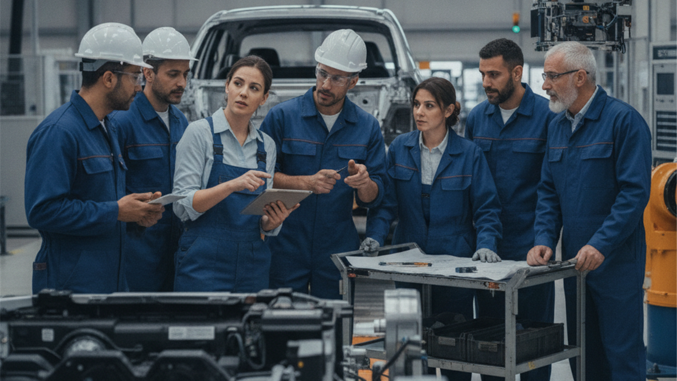 trabajadores de fabrica revisando produccion en España