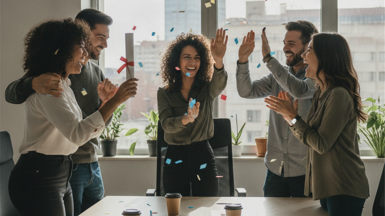 trabajadores celebrando nuevo contrato de empleo en España