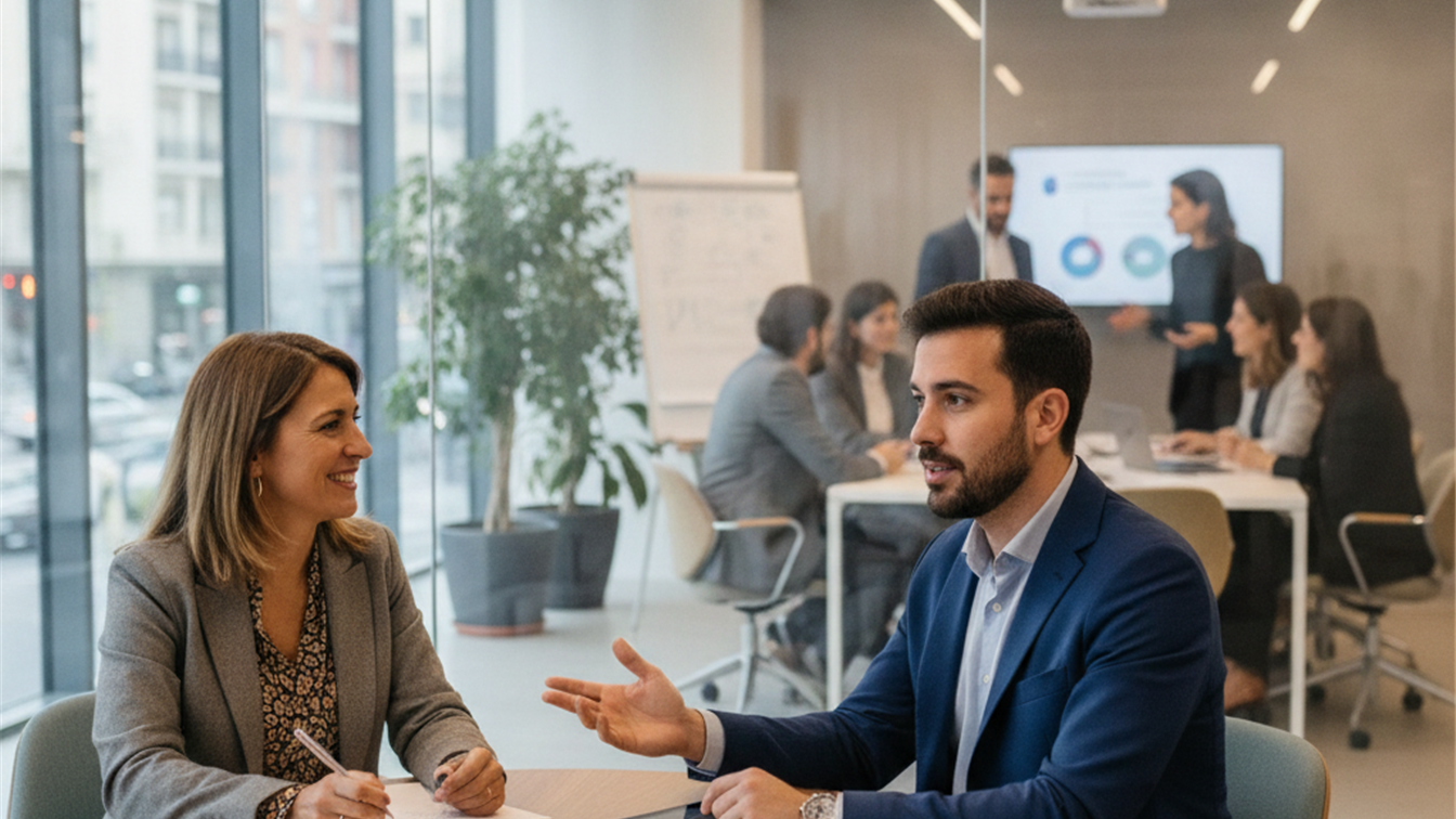 Entrevista de trabajo y formación de equipo en oficina española