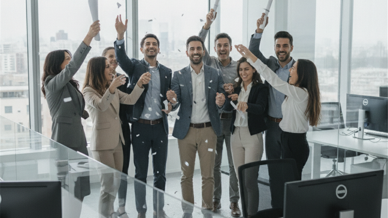 Trabajadores en oficina celebrando nuevo contrato laboral en España