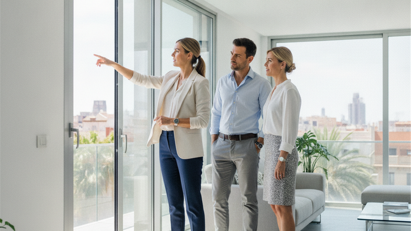 asesor inmobiliario mostrando vivienda cliente