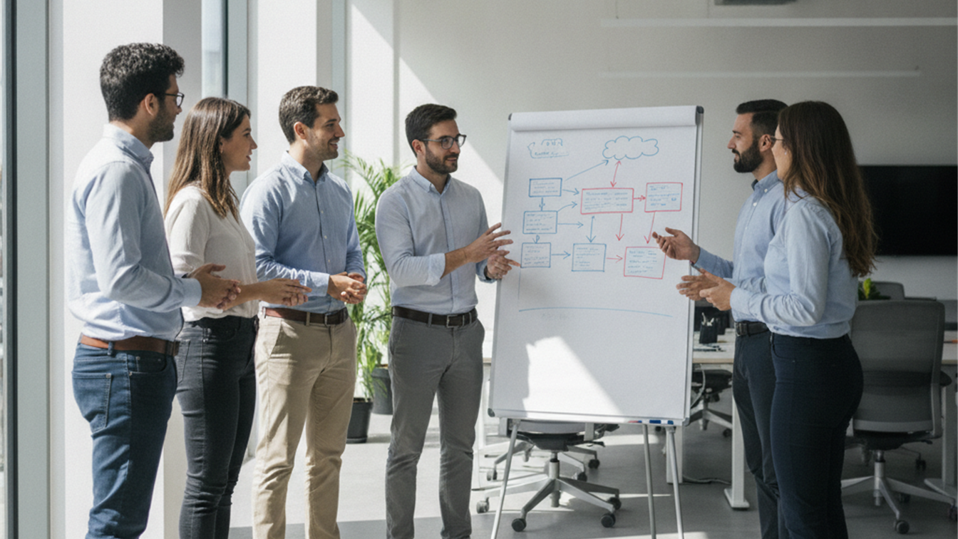 equipo IT en reunion de trabajo con pizarra