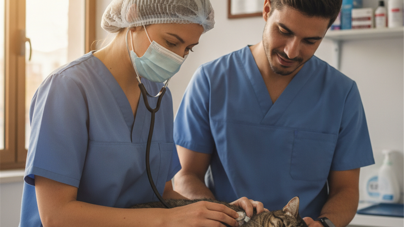 veterinaria en Espana atendiendo a un gato