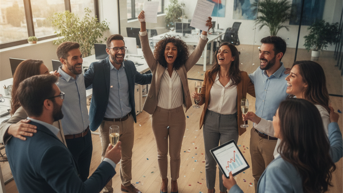 Trabajadores españoles celebrando nuevos contratos de empleo en oficina