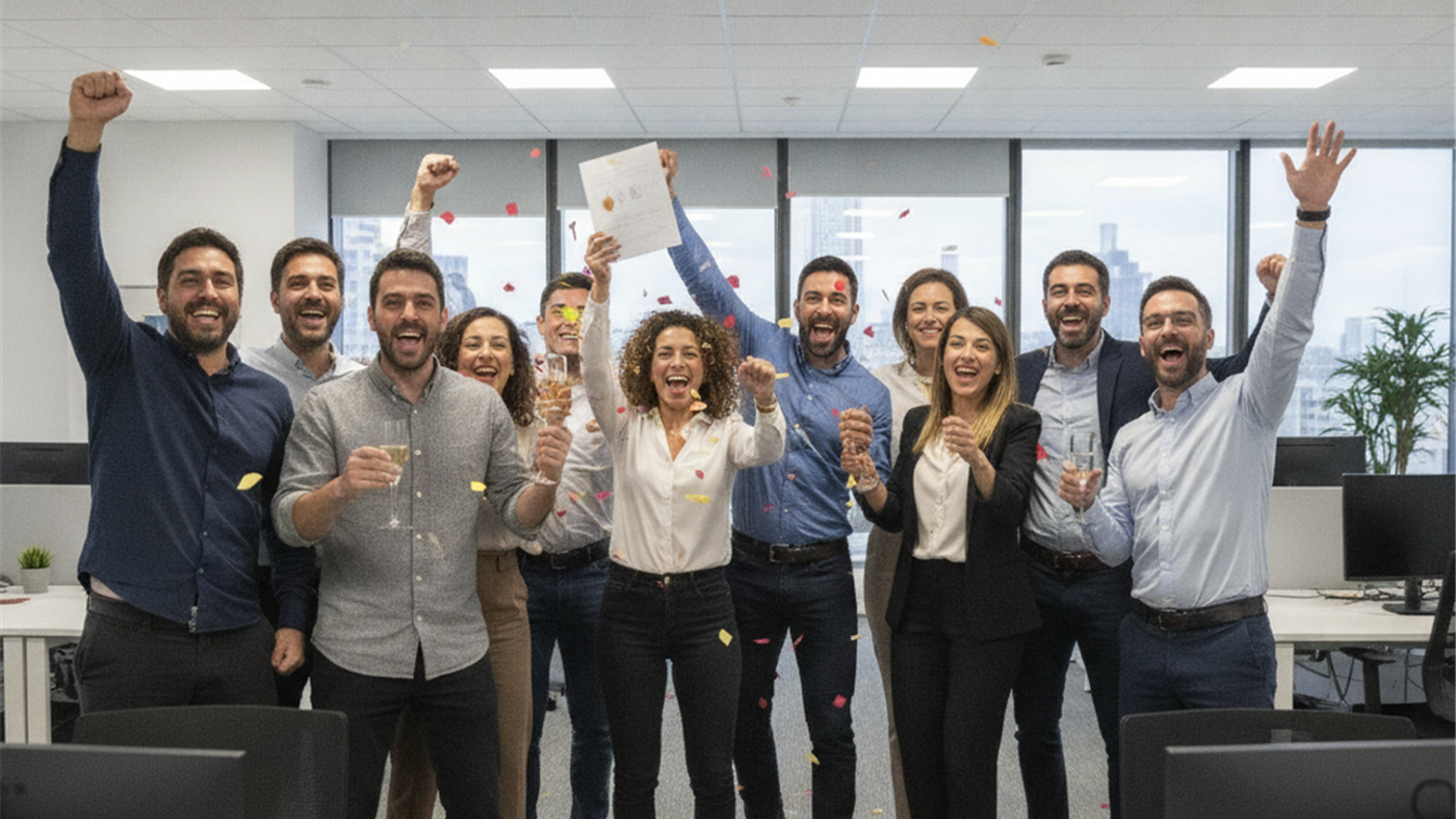 Trabajadores españoles celebrando nuevo empleo en oficina