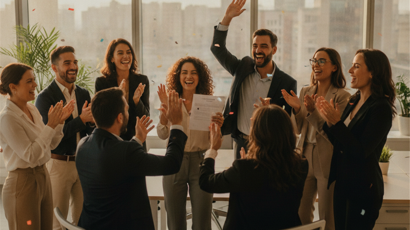 Trabajadores españoles celebrando nuevo contrato de empleo