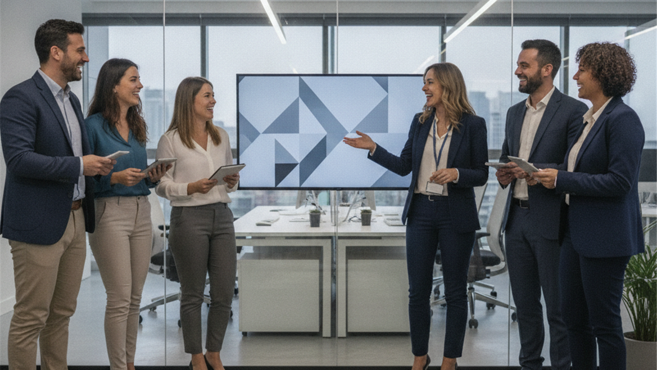 Jóvenes profesionales en su primer día de trabajo en empresa moderna España