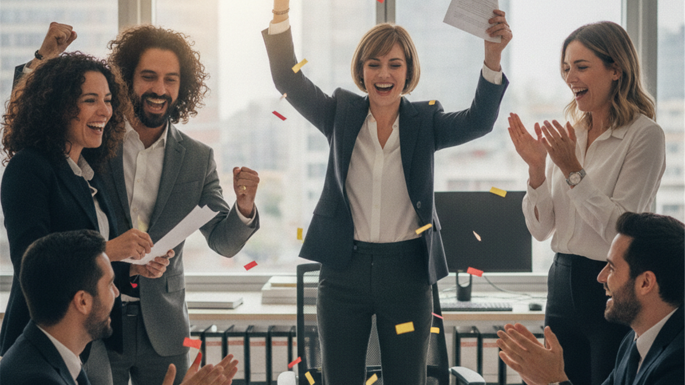 Equipo de trabajadores celebrando un nuevo contrato en España