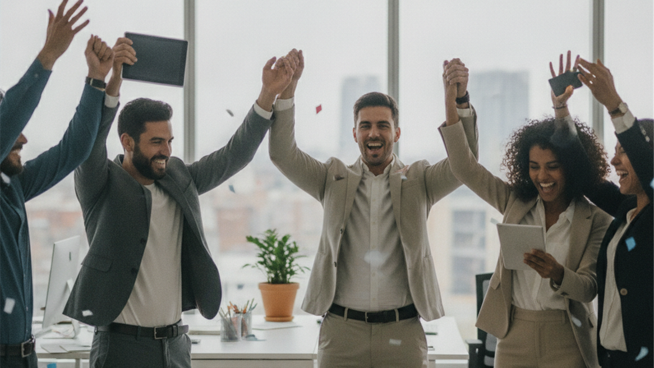 Equipo celebrando un nuevo contrato de trabajo en España