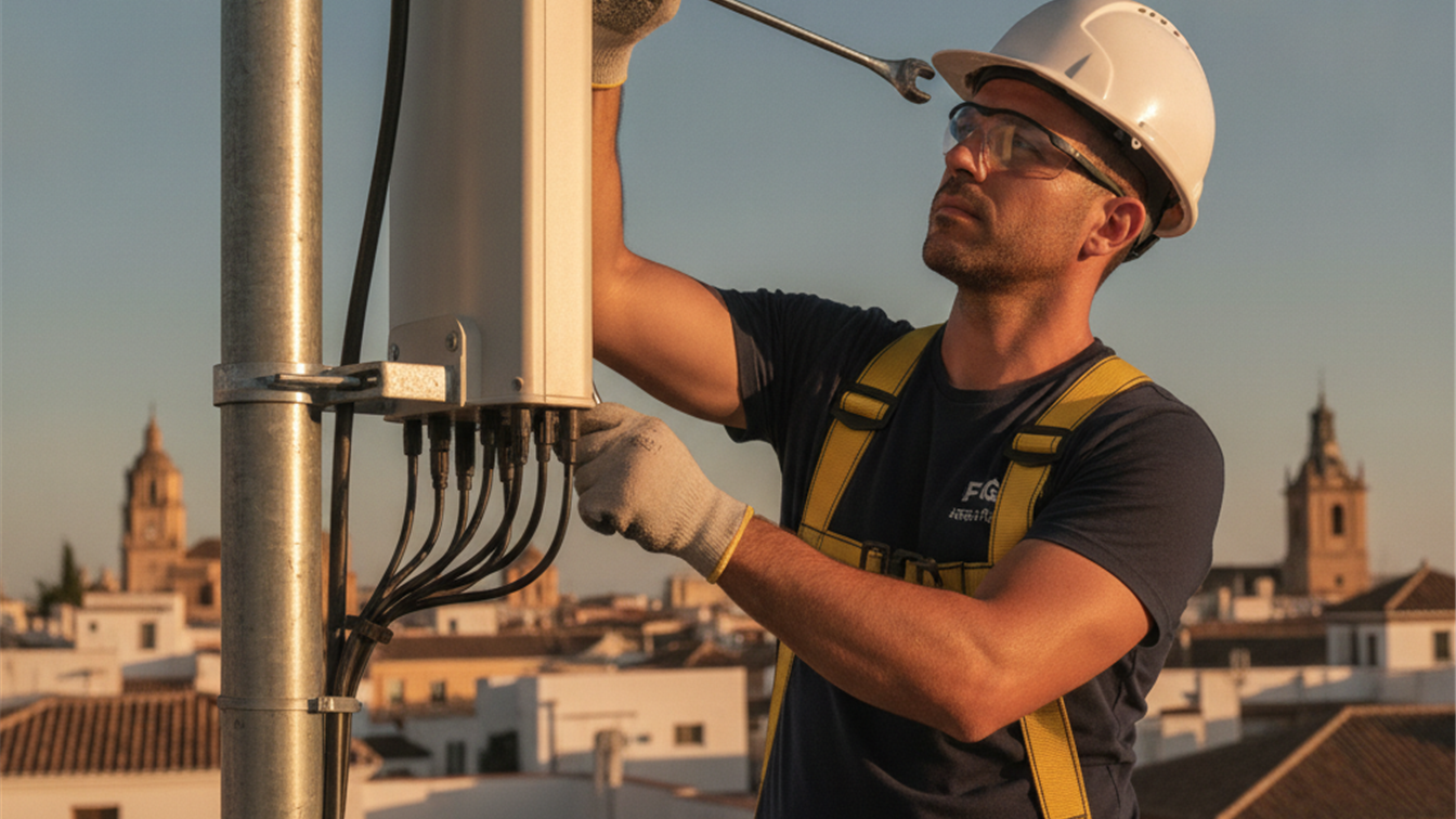 técnico instalando antena 5G en ciudad española 2026